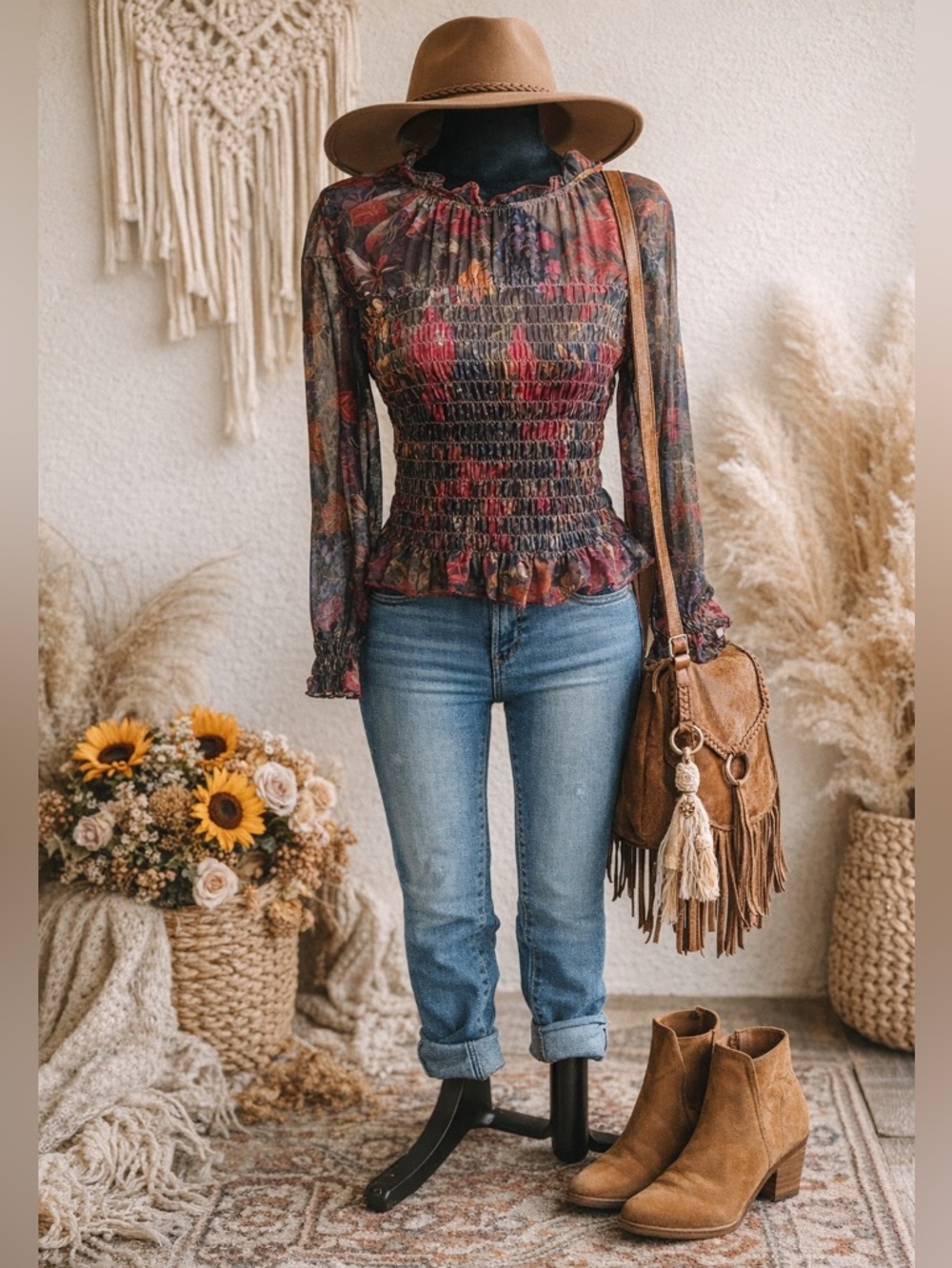 Natural Life Floral Smocked Blouse Boho Sheer Top sz Medium NWT
